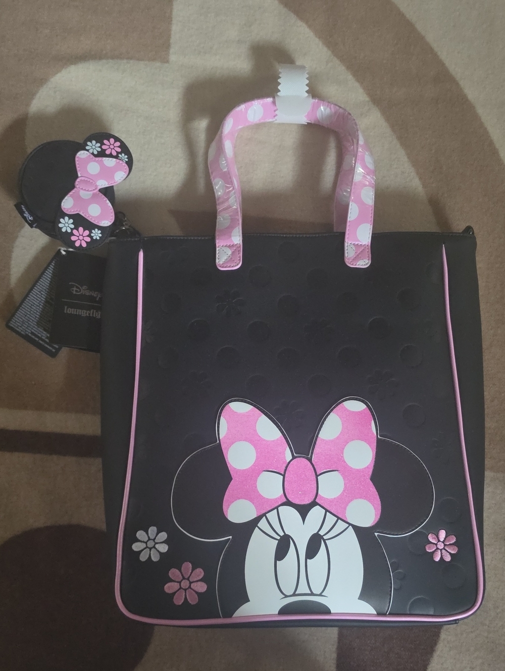 NWT LoungeflyDisney Minnie Floral Rock The Dots Black Tote Bag W/coin Purse.Nice